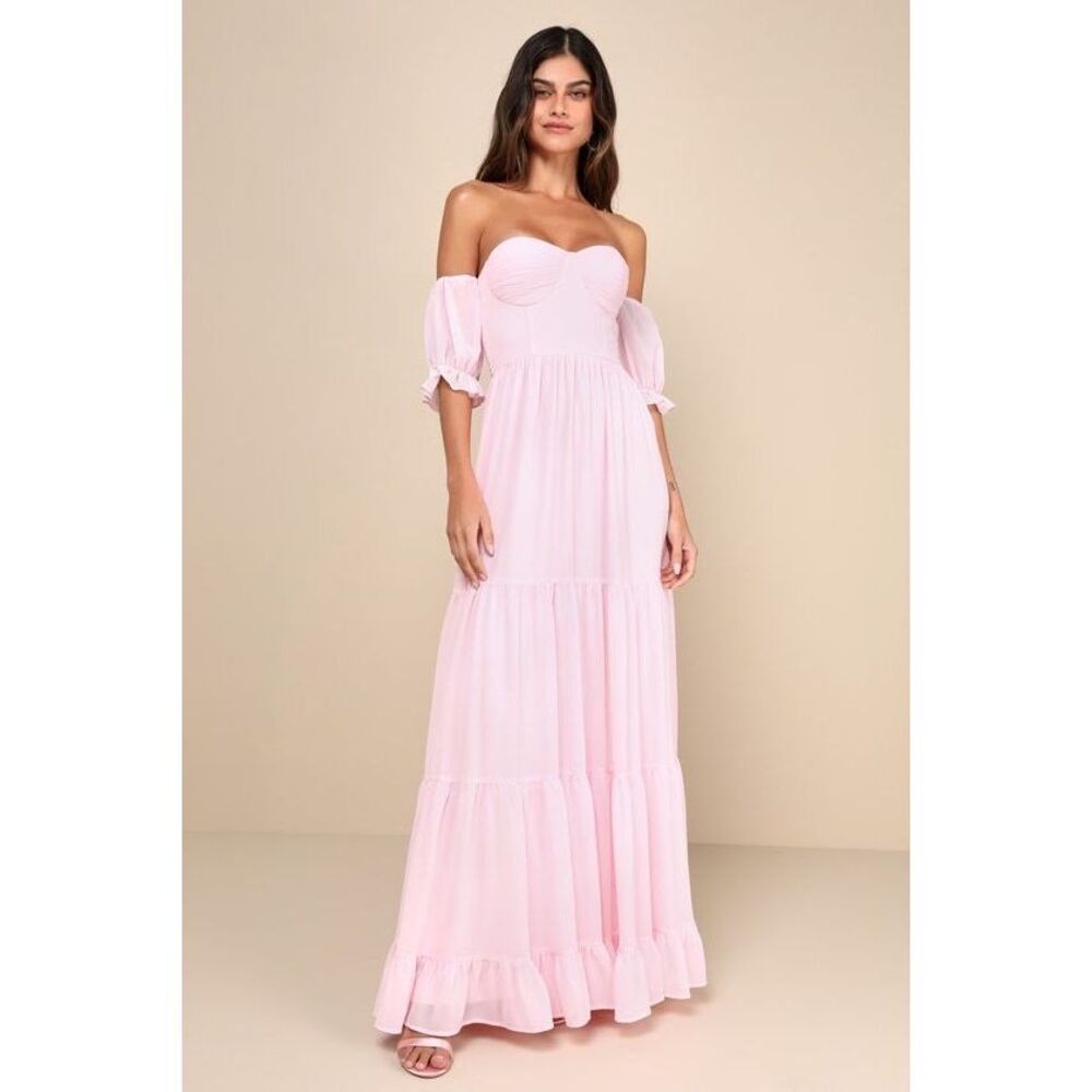 Lulus Exceptionally Gorgeous Blush Chiffon Off-the-shoulder Maxi Dress Pink